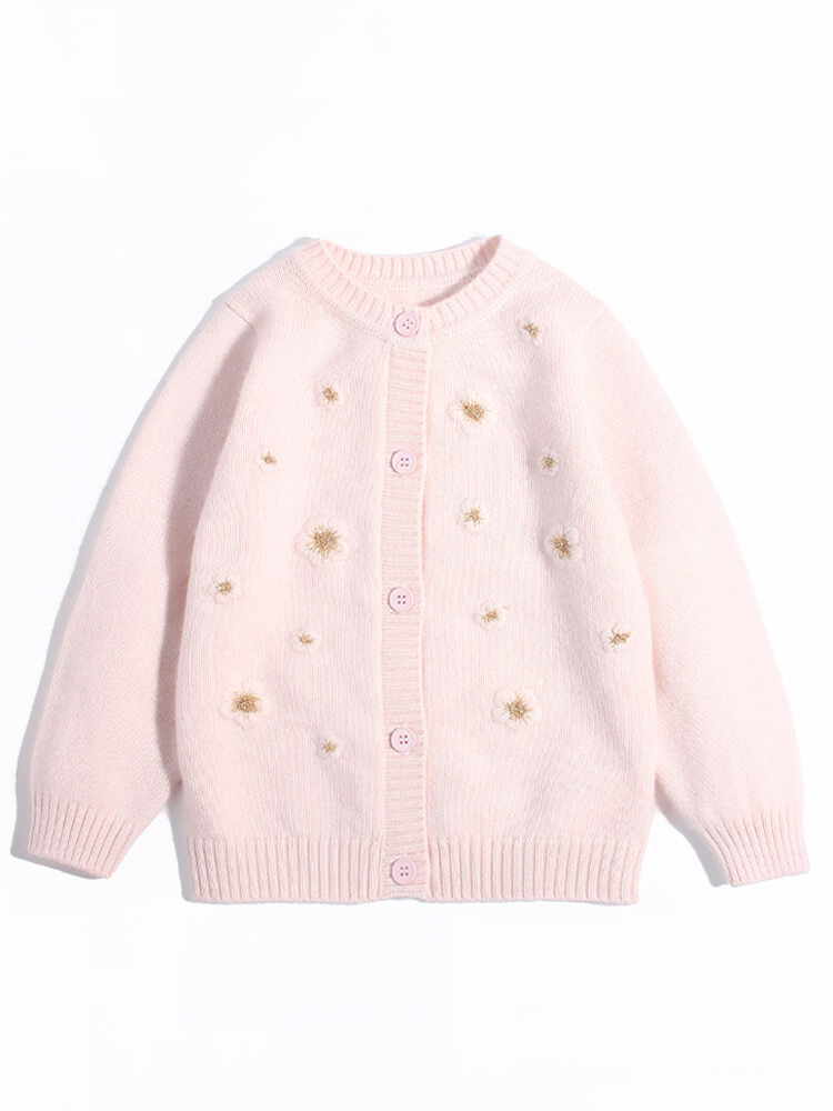 Girls Light Pink Embroidered Flower Cashmere Cardigan